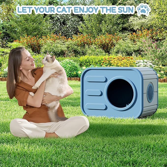 NUNU LAB Cat Litter Box Enclosure, Plastic Cat House Outdoor, Cats House for Indoor, Weatherproof Cat House, Camera Shaped Design, with Escape Door, for Small to Medium Cats (Blue)