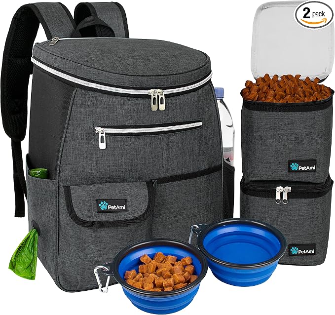 PetAmi Dog Travel Bag Backpack, 27L Airline Approved Pet Supplies Organizer with 2 Food Containers, 2 Collapsible Bowls & Poop Bag Dispenser, Weekend Road Trip Camping Dog Mom Gift, Dark Gray